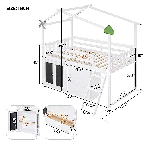 Grey Twin Size Wood Loft Bed with Storage Cabinet and 3 Drawers O497292