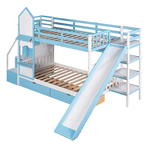 Gray Wood Twin Over Twin Floor Bunk Bed with Storage X9555