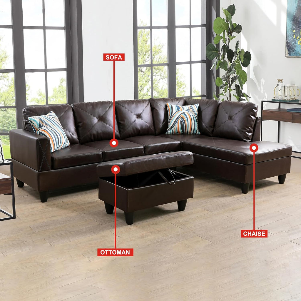 Brown L-Shaped Faux Leather Sectional Sofa with Chaise A6989