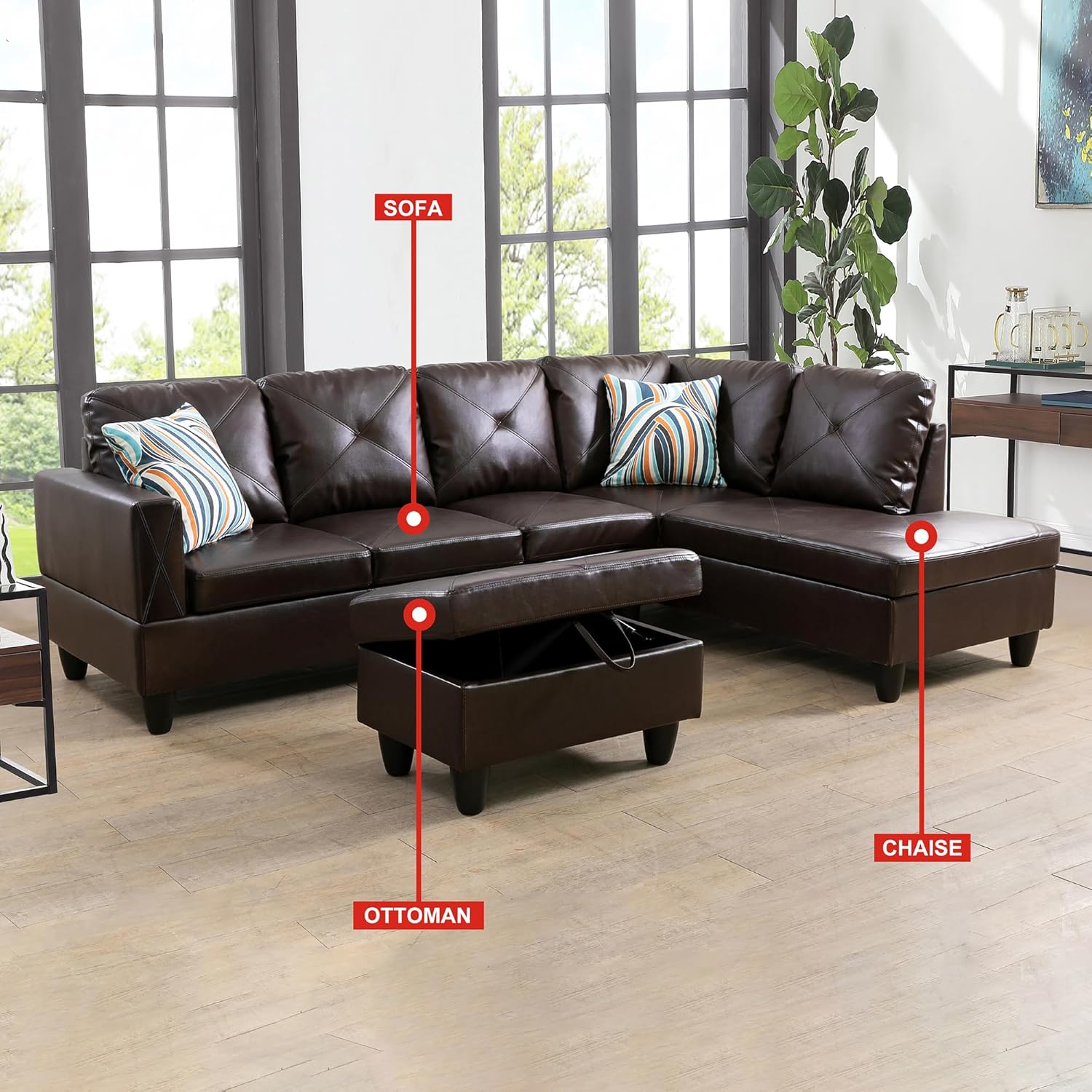 Brown L-Shaped Faux Leather Sectional Sofa with Chaise A6989