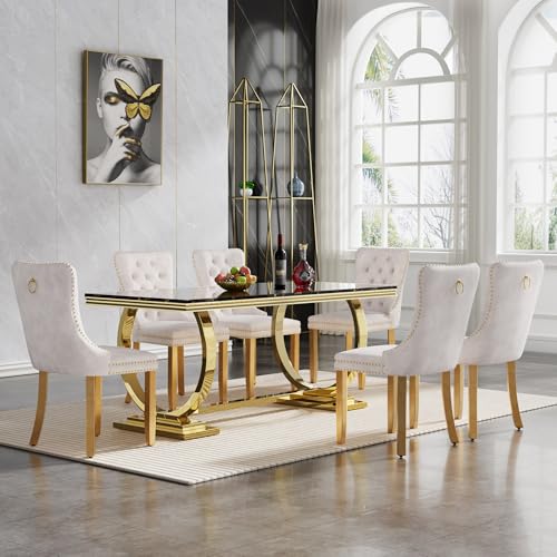 7 Piece White Marble Dining Table Set with 6 Grey Velvet Upholstered Chairs M4048