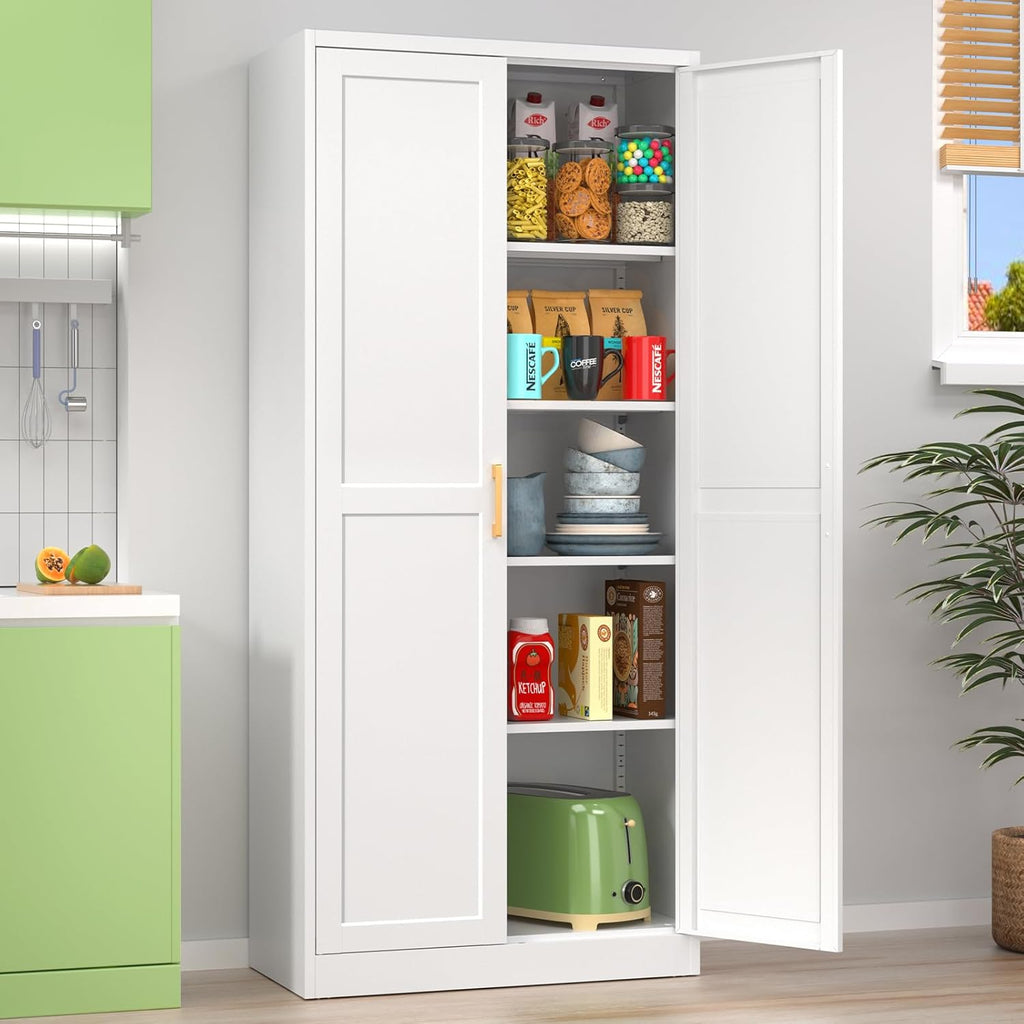 White Tall Kitchen Pantry Cabinet with Doors and Shelves G329