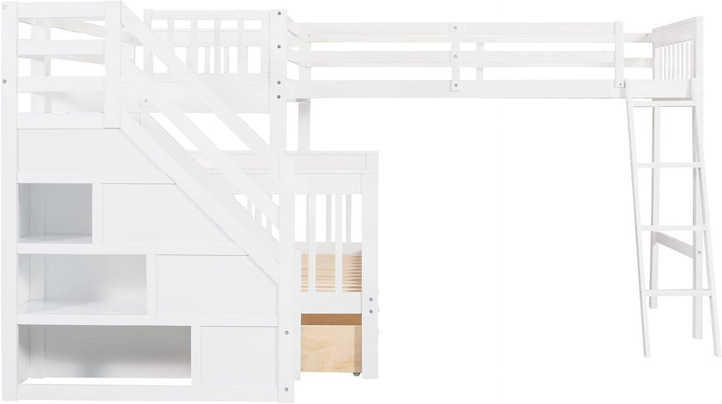 White Wooden Triple Bunk Bed With Stairs And 3 Storage Drawers D809846