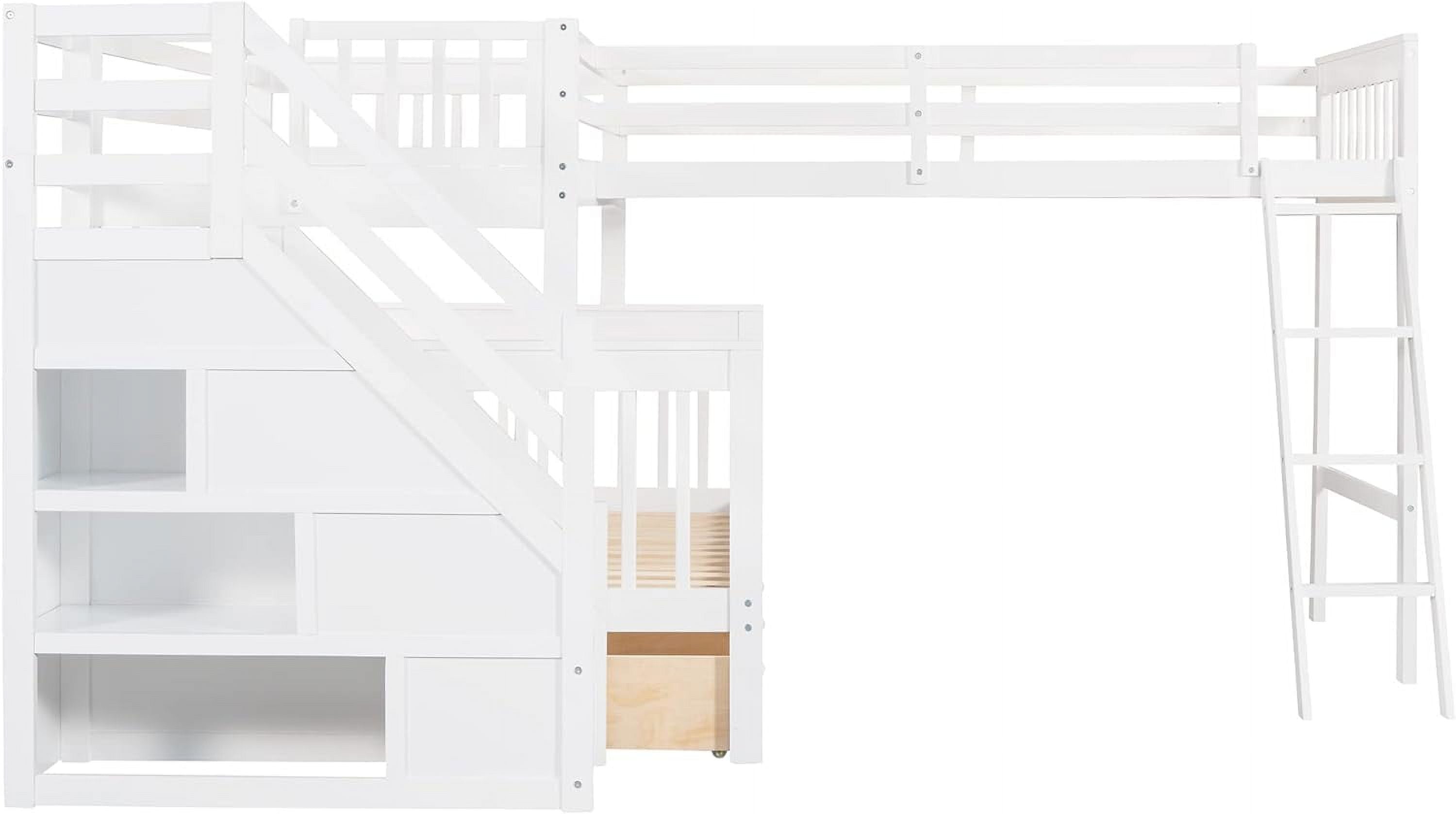 White Wooden Triple Bunk Bed With Stairs And 3 Storage Drawers D809846