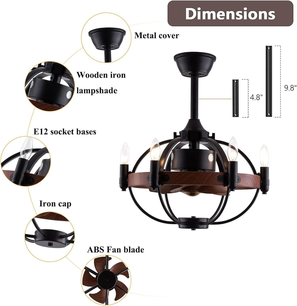 Black Cage Ceiling Fan with Light Remote Control P498