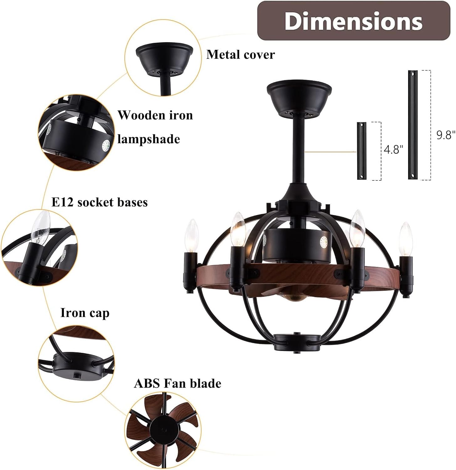 Black Cage Ceiling Fan with Light Remote Control P498