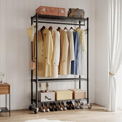 Black Heavy Duty Rolling Garment Rack with Wheels Double Hanging Rods J2733