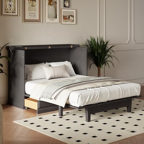 Gray Queen Size Solid Pine Murphy Bed with Charging Station Q946
