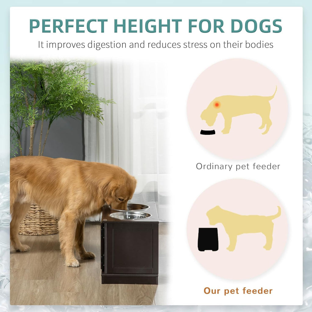 Elevated Dog Bowls with Storage Cabinet, 2 Stainless Steel Bowls, Coffee P704