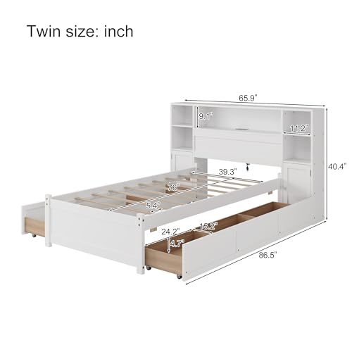Twin Size Wood Storage Platform Bed with 6 Drawers and Bookcase Headboard U355943