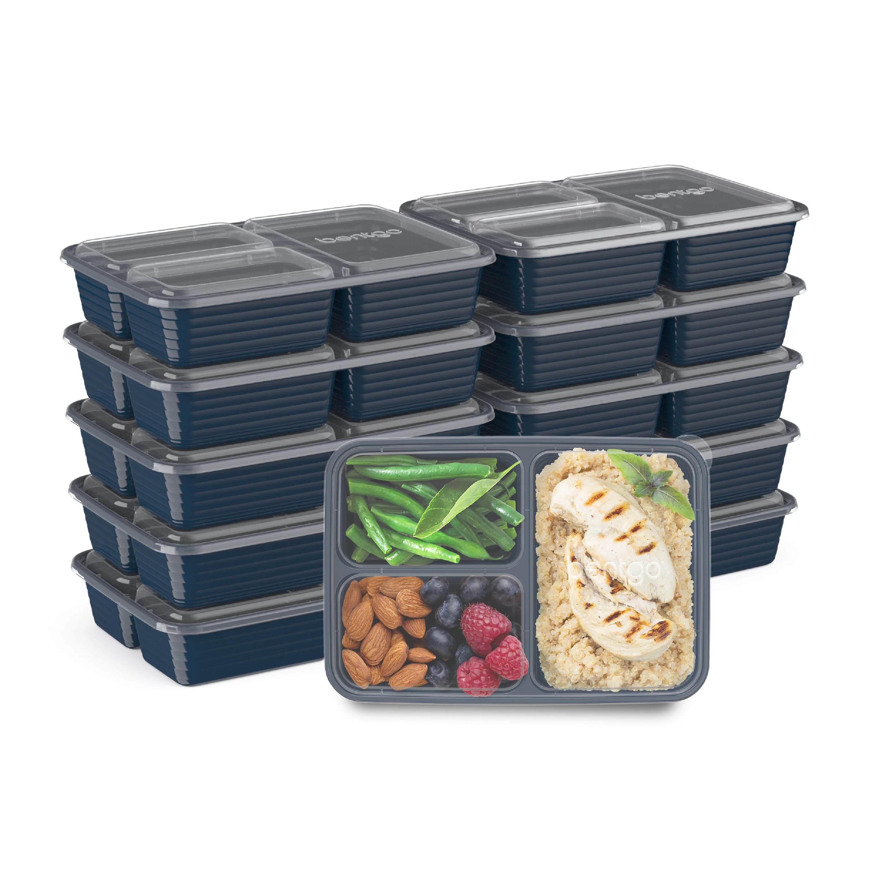 3-Compartment Meal-Prep Containers with Lids - 10 Trays & Lids - Navy Blue F7926