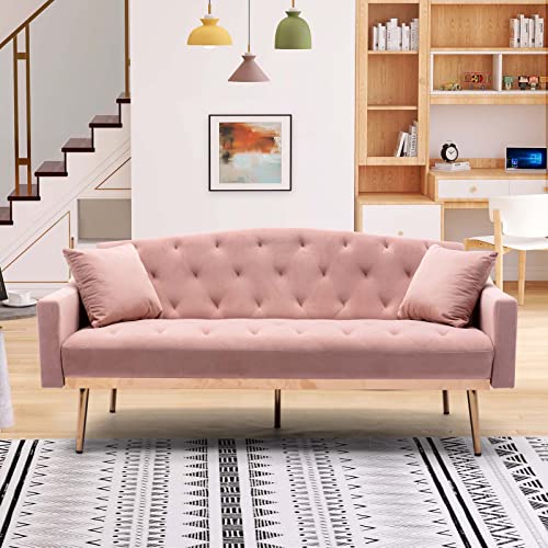 65" Velvet Convertible Futon Sofa Bed with 2 Pillows (Navy) Q108