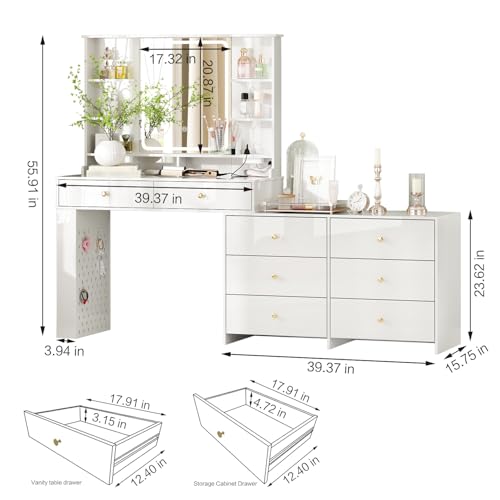 White 8 Drawer Vanity Desk with Mirror and Lights H261976