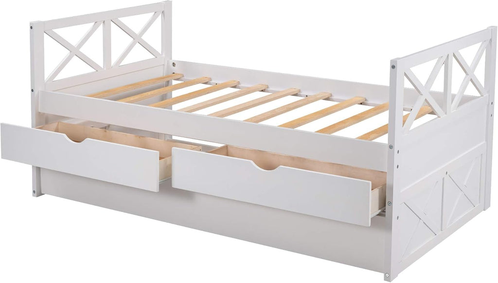 White Wood Twin Captain's Daybed with Trundle and 2 Storage Drawers F200383