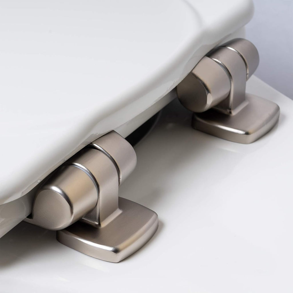 Elongated Toilet Seat with Brushed Nickel Hinges O8912