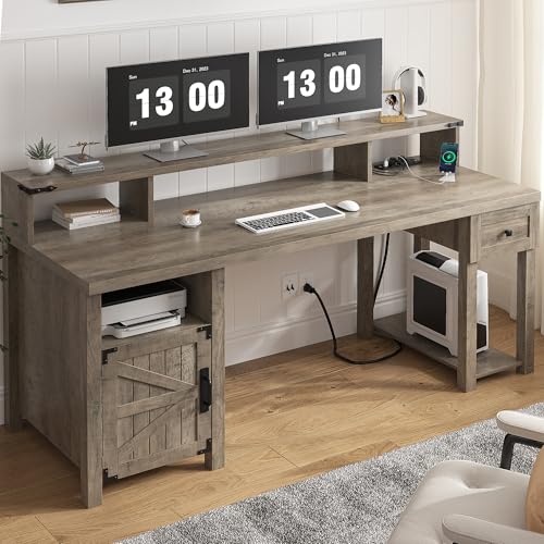 Ash Gray Wood Desk with Drawer & Power Outlets M958374