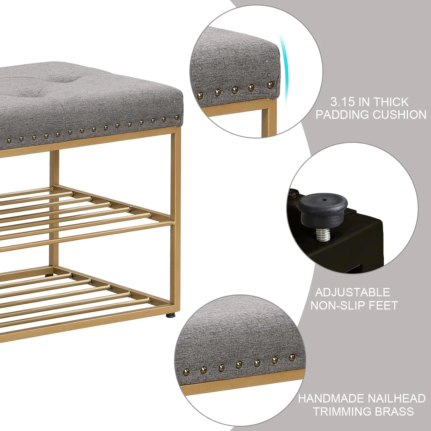 Grey Upholstered Storage Bench with Nailhead Trim O185045