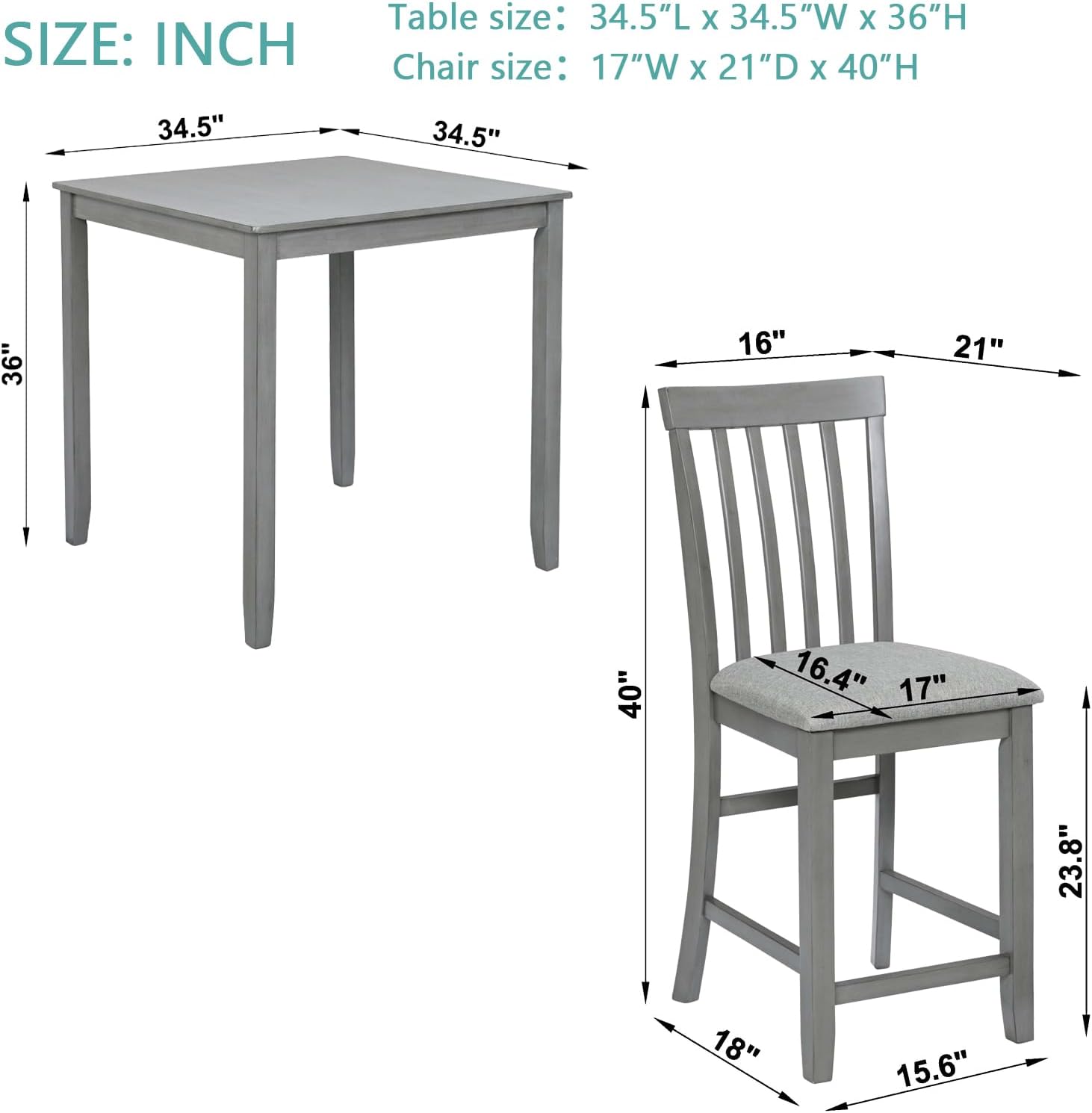 5 Piece Counter Height Dining Table Set with 4 Upholstered Chairs, Dove Gray P504