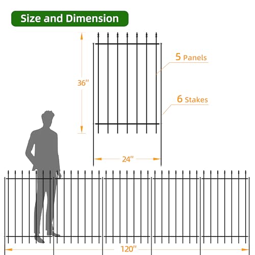 Black Metal Garden Fence 24 in H x 10 ft L 5 Panels + 6 Stakes O957082