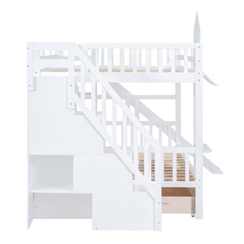 Gray Wood Twin Over Twin Bunk Bed with Stairs and Slide H2339