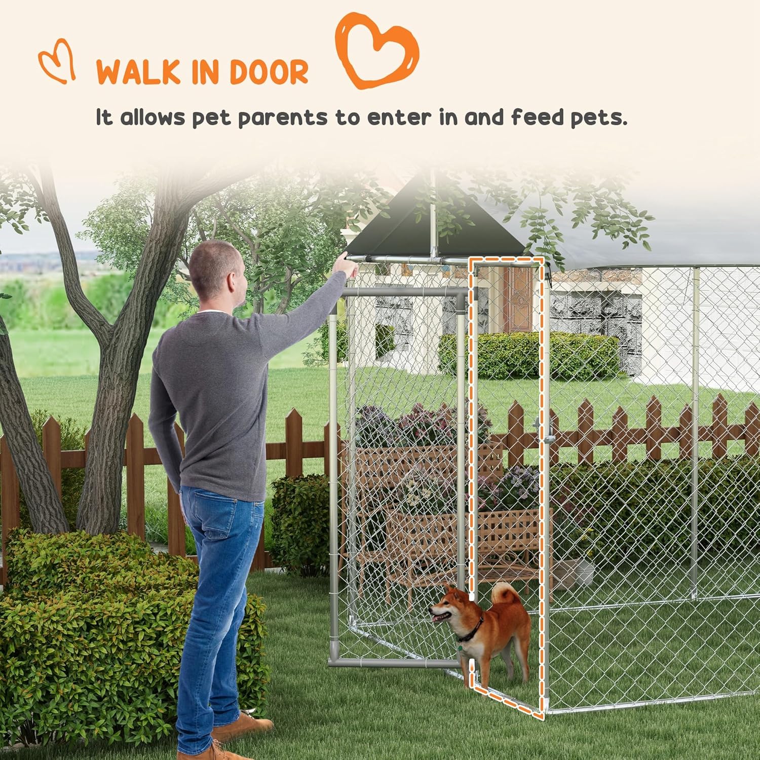 Large Heavy Duty Dog Kennel with Waterproof Cover, Galvanized Chain Link, 19.7' x 7.5' x 7.5' M920164