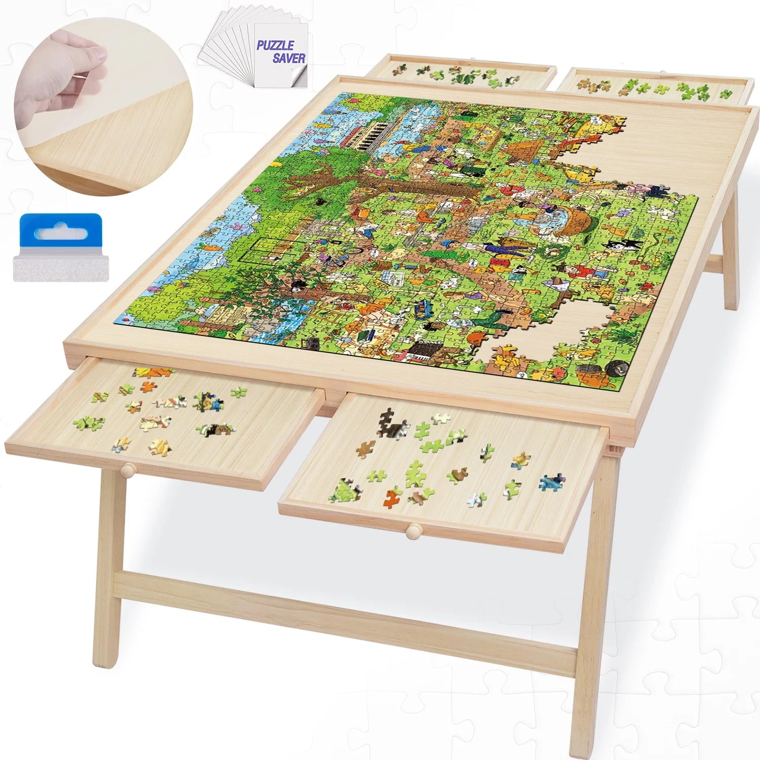 1500 Piece Wooden Jigsaw Puzzle Table with Folding Legs and 4 Drawers W735799