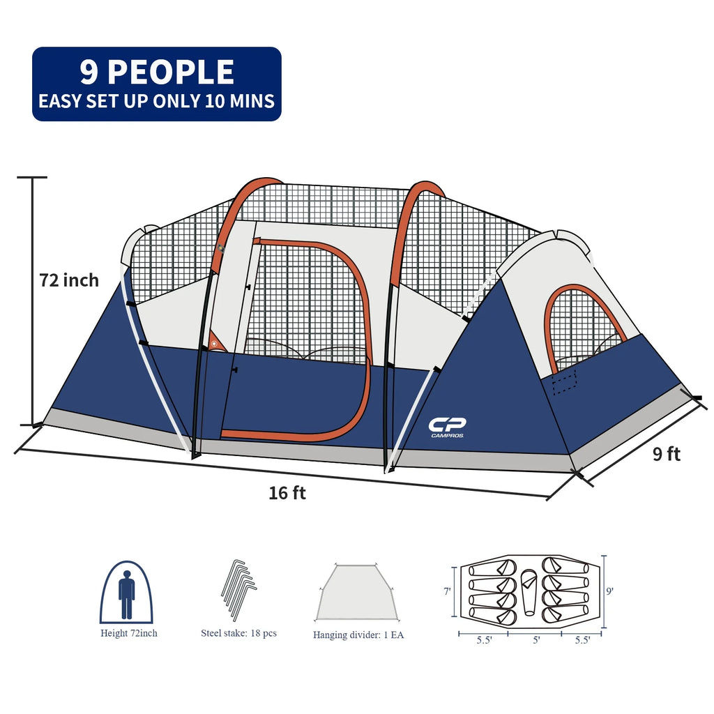 9 Person Waterproof Camping Tent Blue R886050
