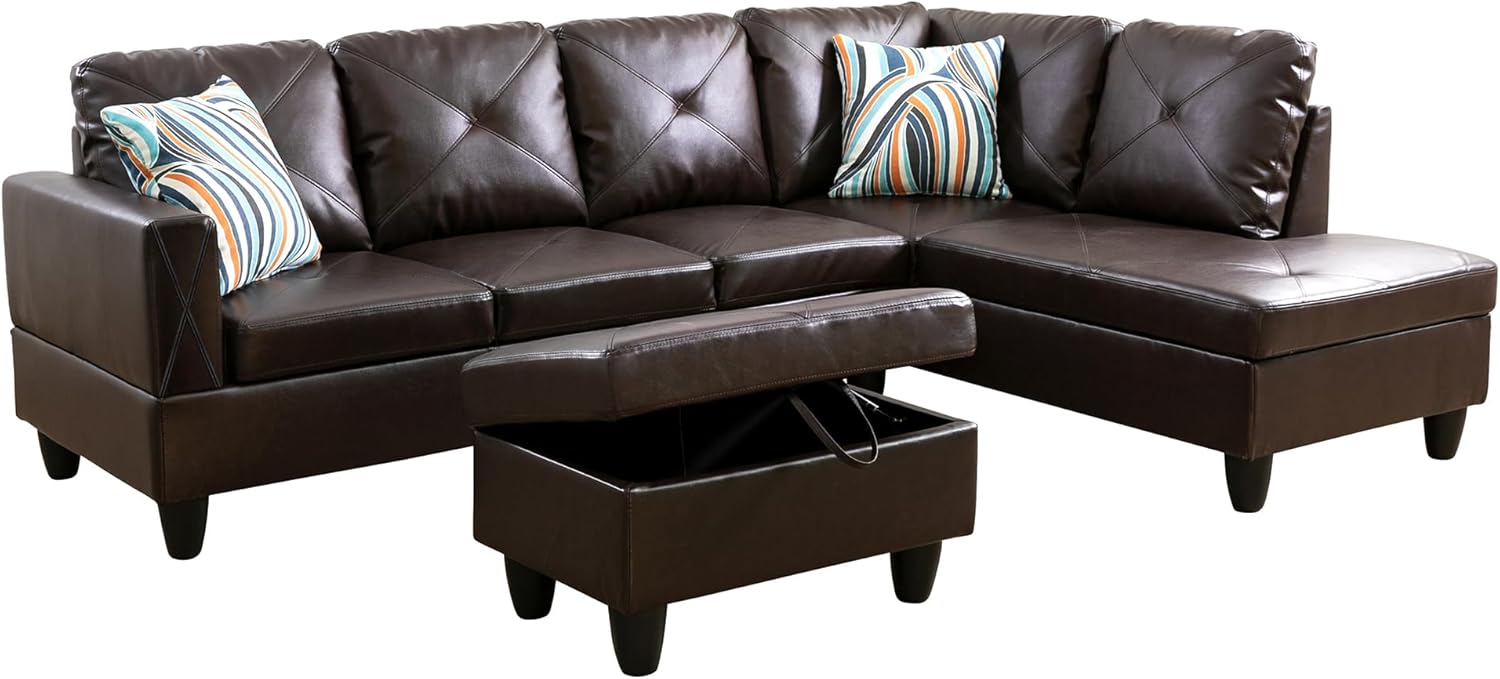 Brown L-Shaped Faux Leather Sectional Sofa with Chaise A6989