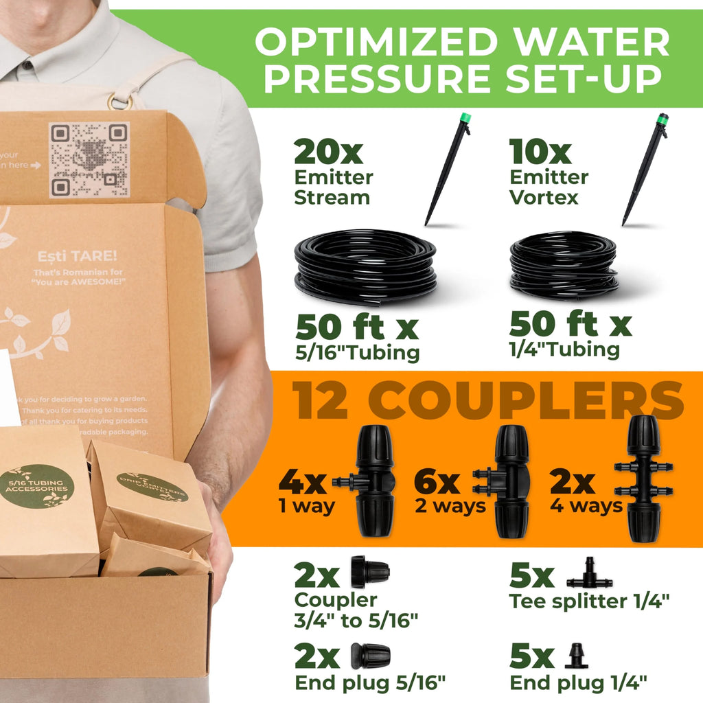 Adjustable Complete Drip Irrigation Kit with Drip Emitters, 1/4 Tubing and Connectors M42176