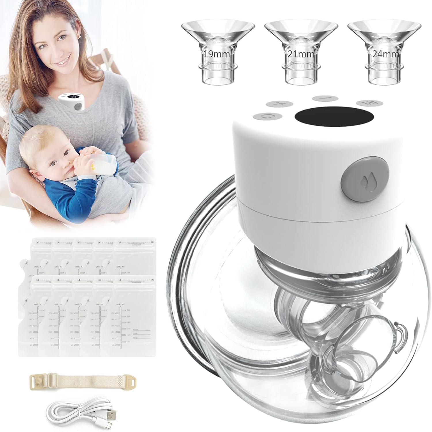 Electric Wearable Breast Pump, Hands Free, Portable, 2 Mode & 9 Levels, LCD Display M78817