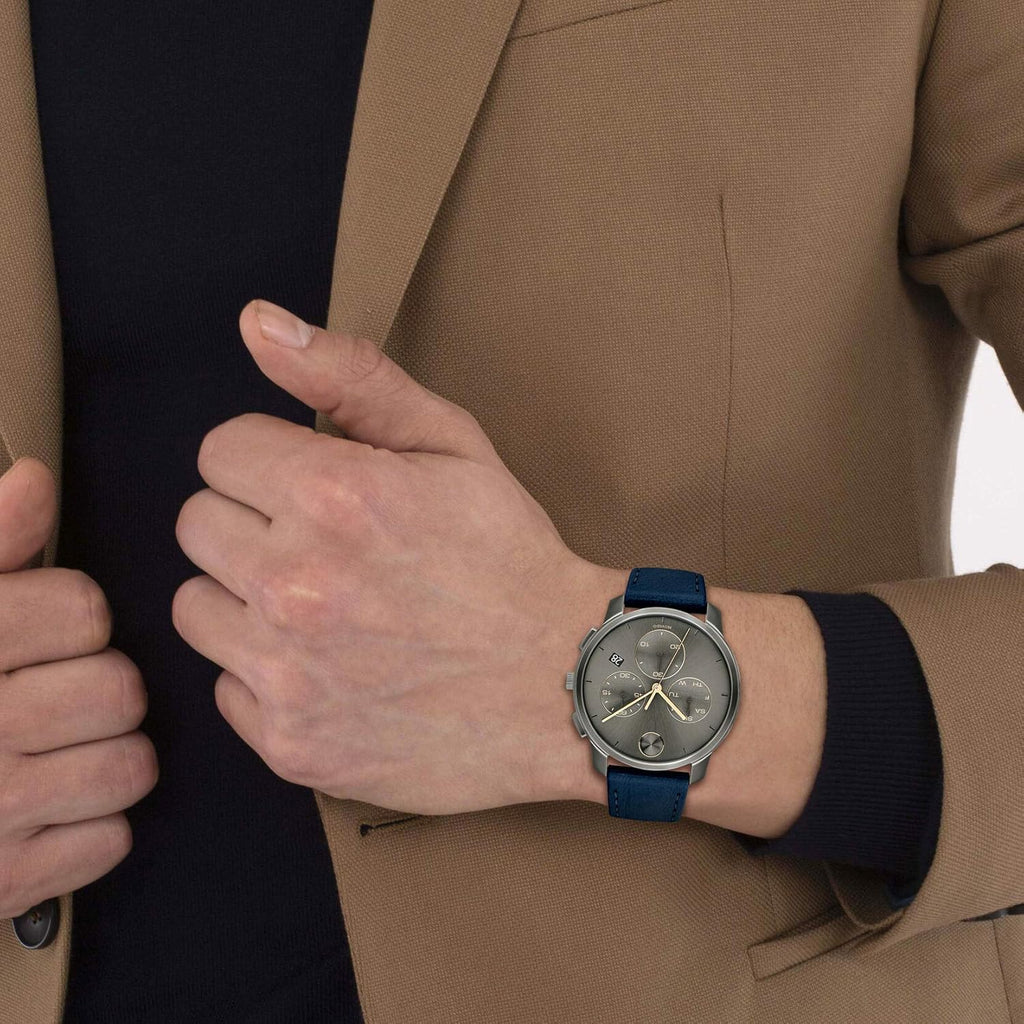 Navy Stainless Steel and Leather Strap Casual Watch K855