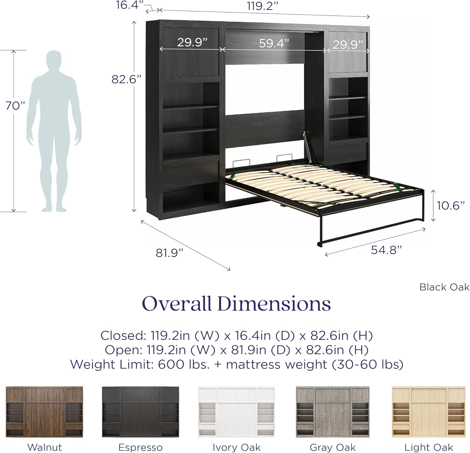 Full Size Murphy Wall Bed with Storage in Light Oak B700