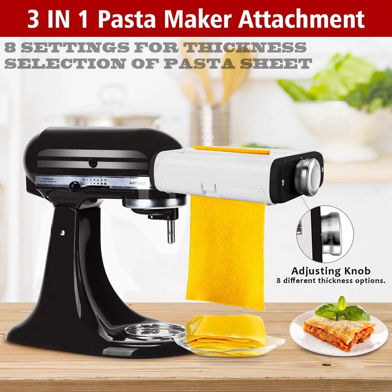 3 In 1 Pasta Maker Attachment for Kitchenaid Mixer with Pasta Dough Roller, Spaghetti Cutter, Fettuccine Cutter and Cleaning Brush S1881