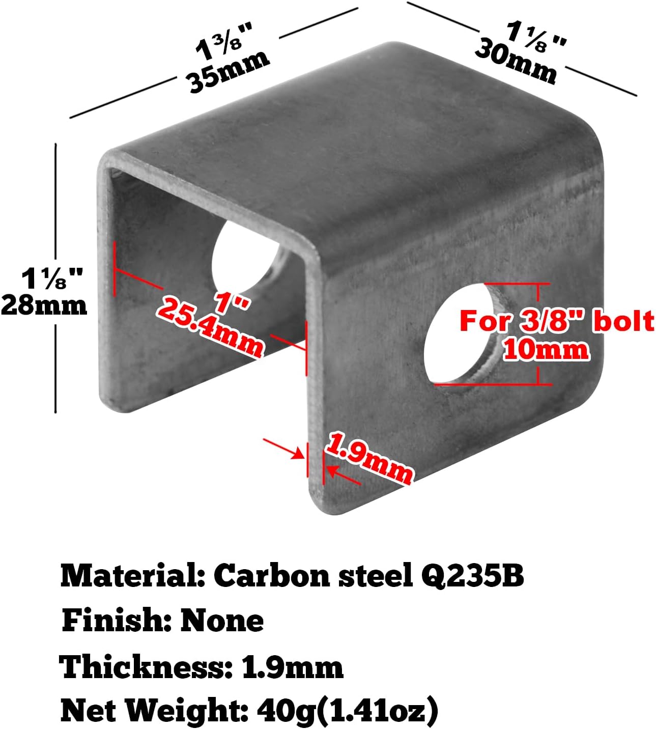 20 Pcs Weldable U Bracket with 2 Holes, Stamped Carbon Steel, Thickness 1.9 mm P175