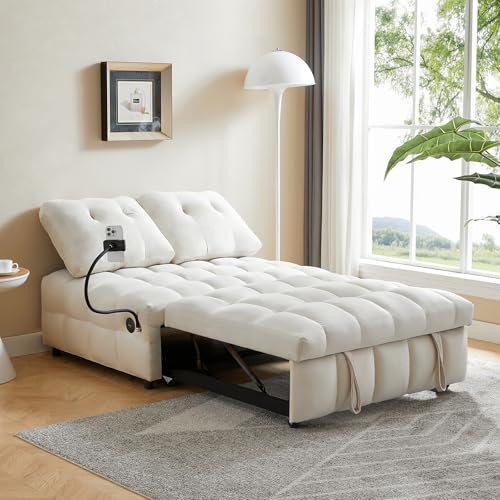 48" Convertible Sleeper Sofa Couch Bed, 3-in-1 Velvet Tufted Pull Out Couch with Charge Ports and Phone Holders, Comfy Modern Loveseat Sleeper Chaise Lounge (Grey) T1373