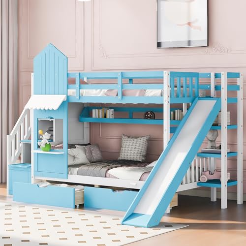 Gray Wood Twin Over Twin Bunk Bed with Stairs and Slide H2339