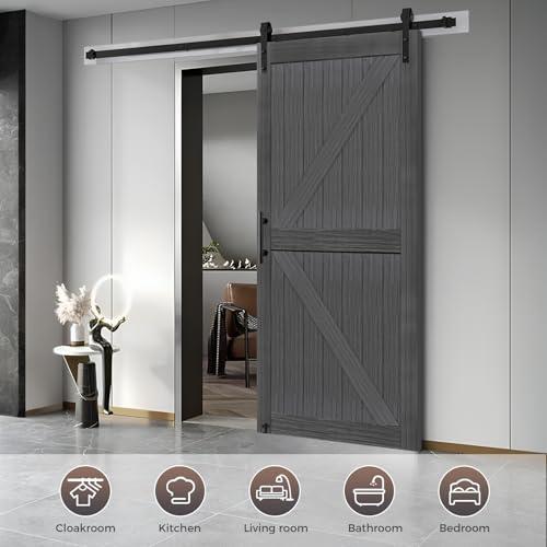 20 in x 84 in Elephant Gray Solid Wood Barn Door with Sliding Door Hardware Kit F533830