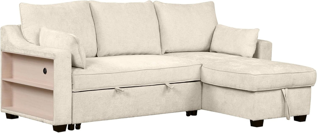 L-Shape Reversible Sleeper Sectional Couch Pull Out Sofa Bed with Storage Chaise and USB Ports Linen Tufted Upholstered Convertible Sofabed with 2 Pillows H520047