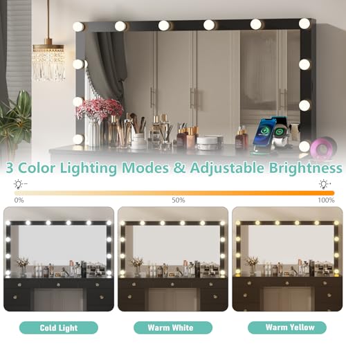 White Vanity Desk with Mirror and Lights, 11 Drawers, Charging Station D559319