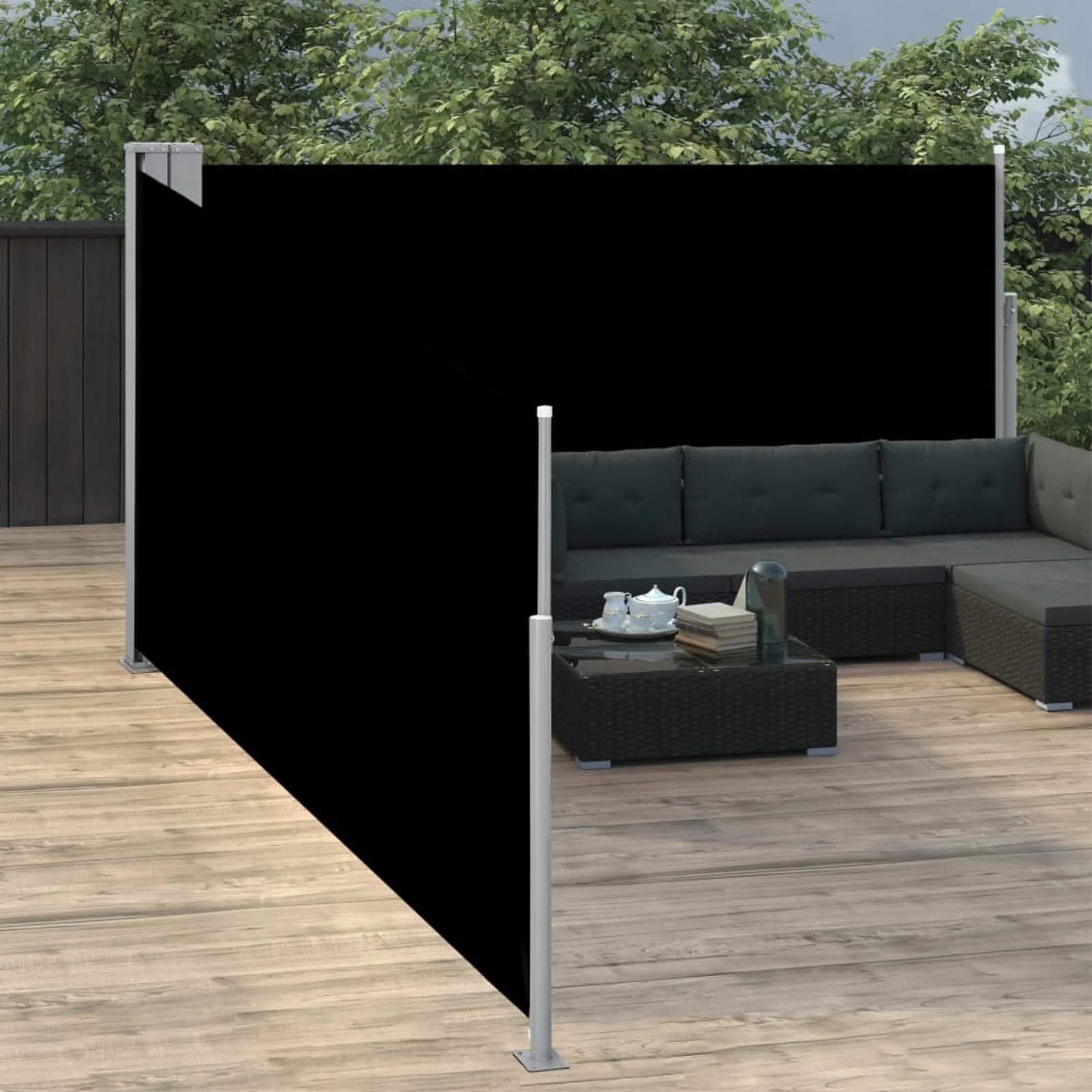 Black Retractable Side Awning Outdoor Divider Fencing Steel Frame Polyester Windscreen 55.1 x 393.7 Inches X394