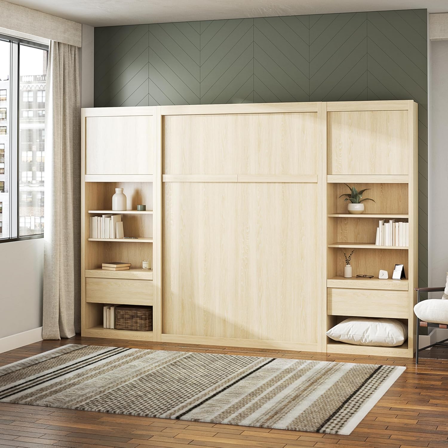 Full Size Murphy Wall Bed with Storage in Light Oak B700