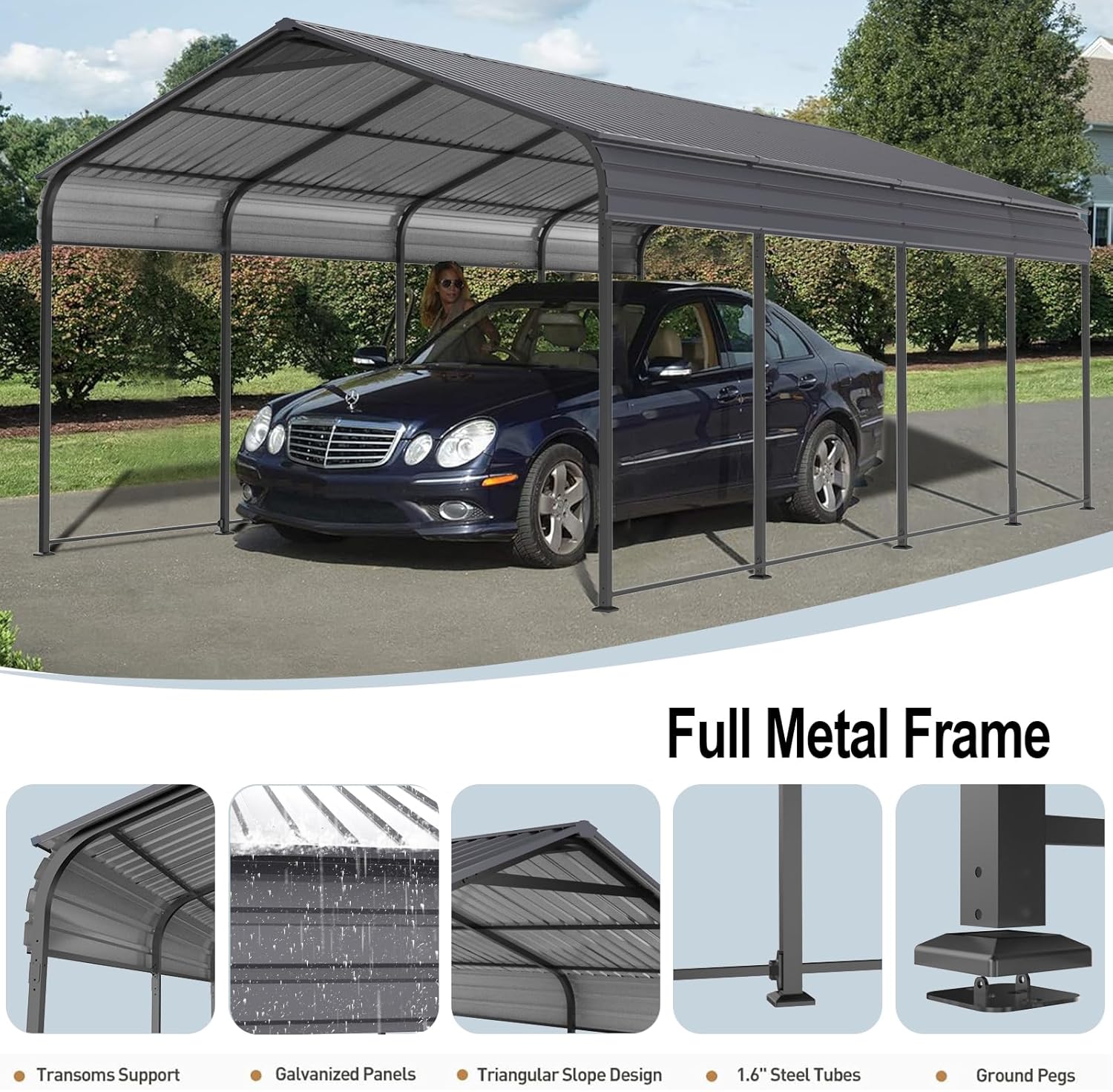 Gray Heavy Duty Metal Carport Canopy 10 x 20 ft C344887