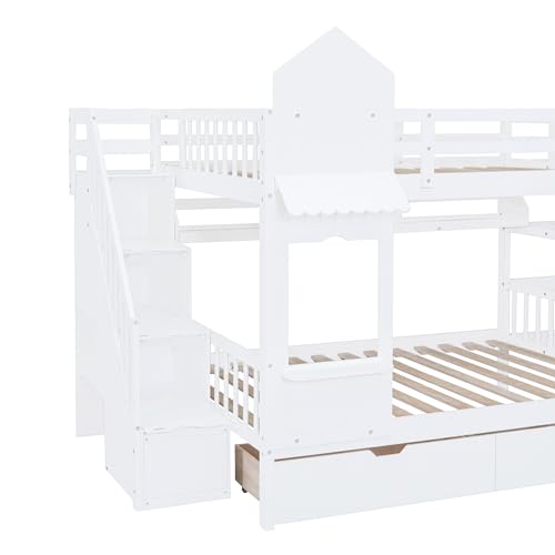 Gray Wood Twin Over Twin Bunk Bed with Stairs and Slide H2339