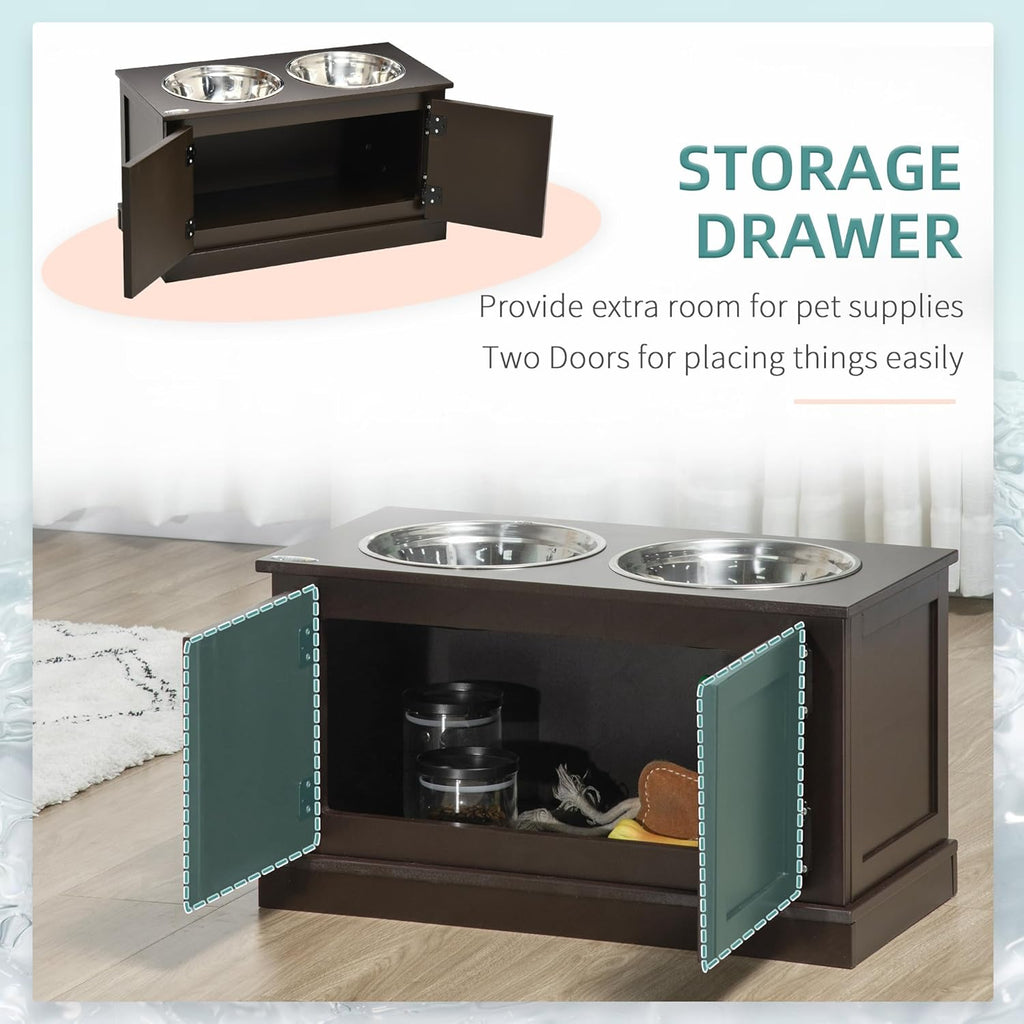 Elevated Dog Bowls with Storage Cabinet, 2 Stainless Steel Bowls, Coffee P704