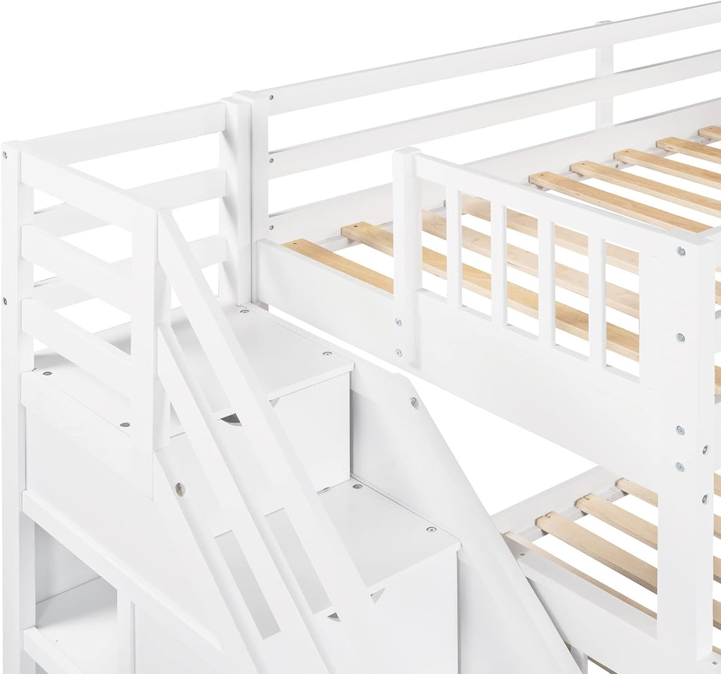 White Wooden Triple Bunk Bed With Stairs And 3 Storage Drawers D809846