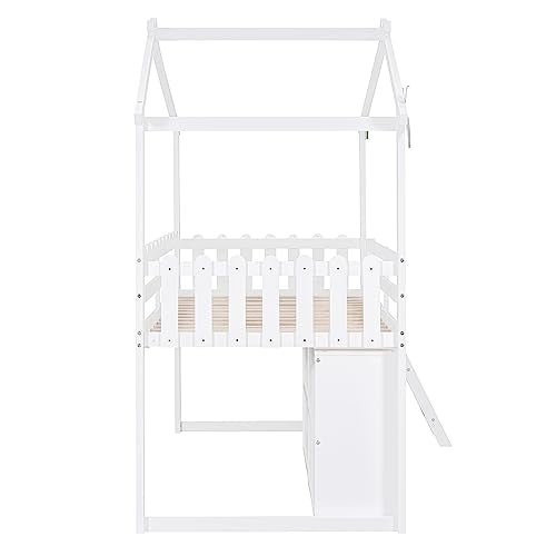 Grey Twin Size Wood Loft Bed with Storage Cabinet and 3 Drawers O497292