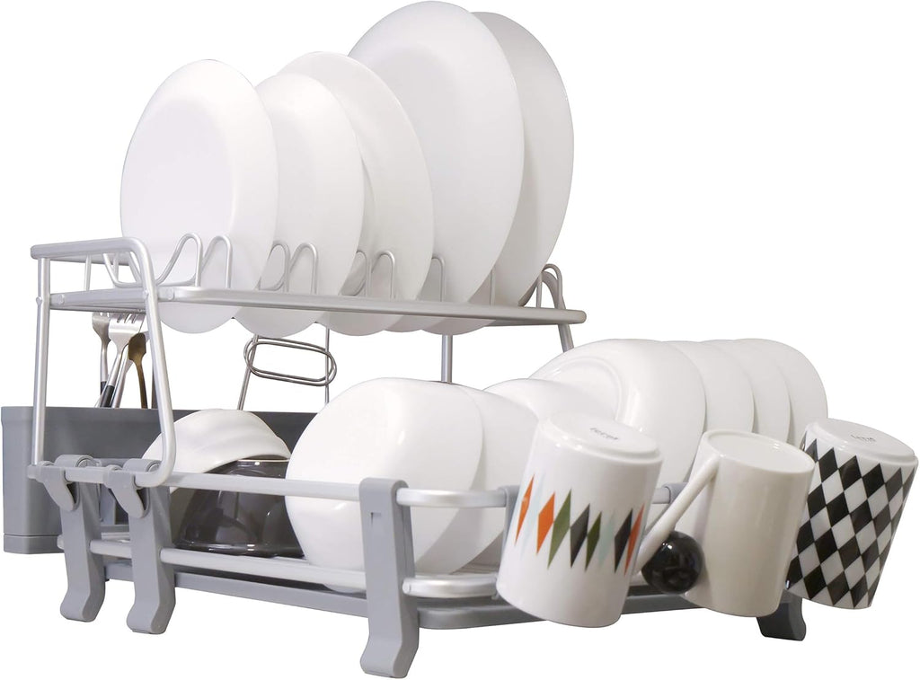 Aluminum 2-tier Dish Drying Rack with Utensil & Cutlery Holder R799