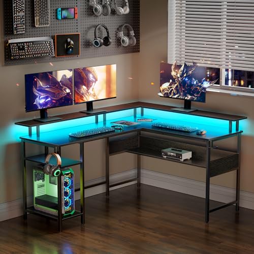 56.7" L Shaped Gaming Desk with LED Lights, Power Outlets, Carbon Fiber Surface, Monitor Stand, Storage, USB Port, Hook F183