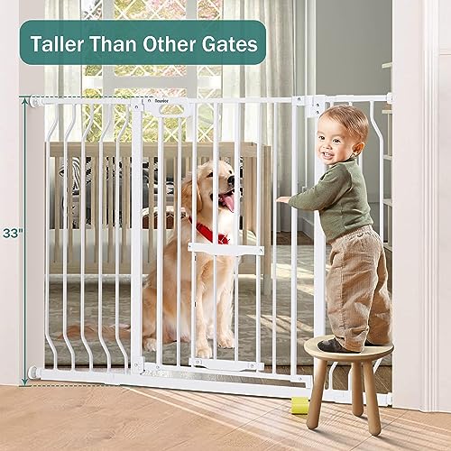 White 33" Tall Extra Wide Auto Close Walk Thru Safety Gate with Small Pet Door Q2394