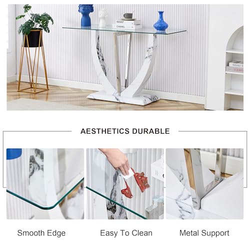 Glass Console Table, 50 inch Clear Glass Narrow Sofa Table with Wood Grain Base and Metal Frame T352690